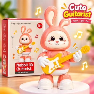 Rabbit Co Guitarist Musical Dancing Toy – 360° Rotating Electronic Toy with Flashing Lights & Sound, Battery-Operated Safe Plastic Interactive Educational Toy for Kids Age 3+ (Perfect Birthday & Eid Gift)